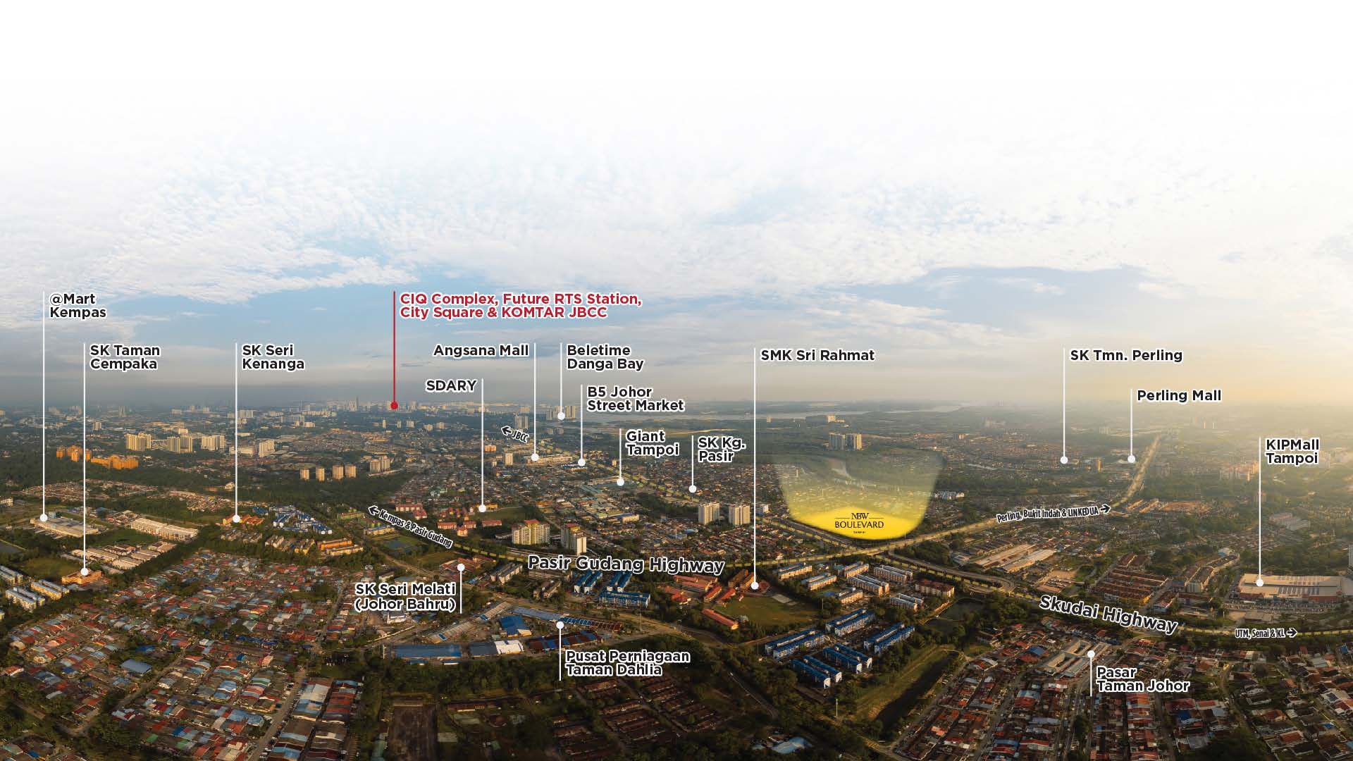 Aerial view from MBW Boulevard towards Johor Bahru city, CIQ and surrounding malls along Pasir Gudang Highway