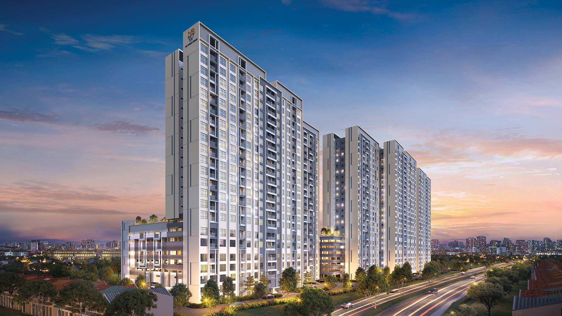 MBW Boulevard 1 towers at dusk beside the highway, Tampoi, Johor Bahru