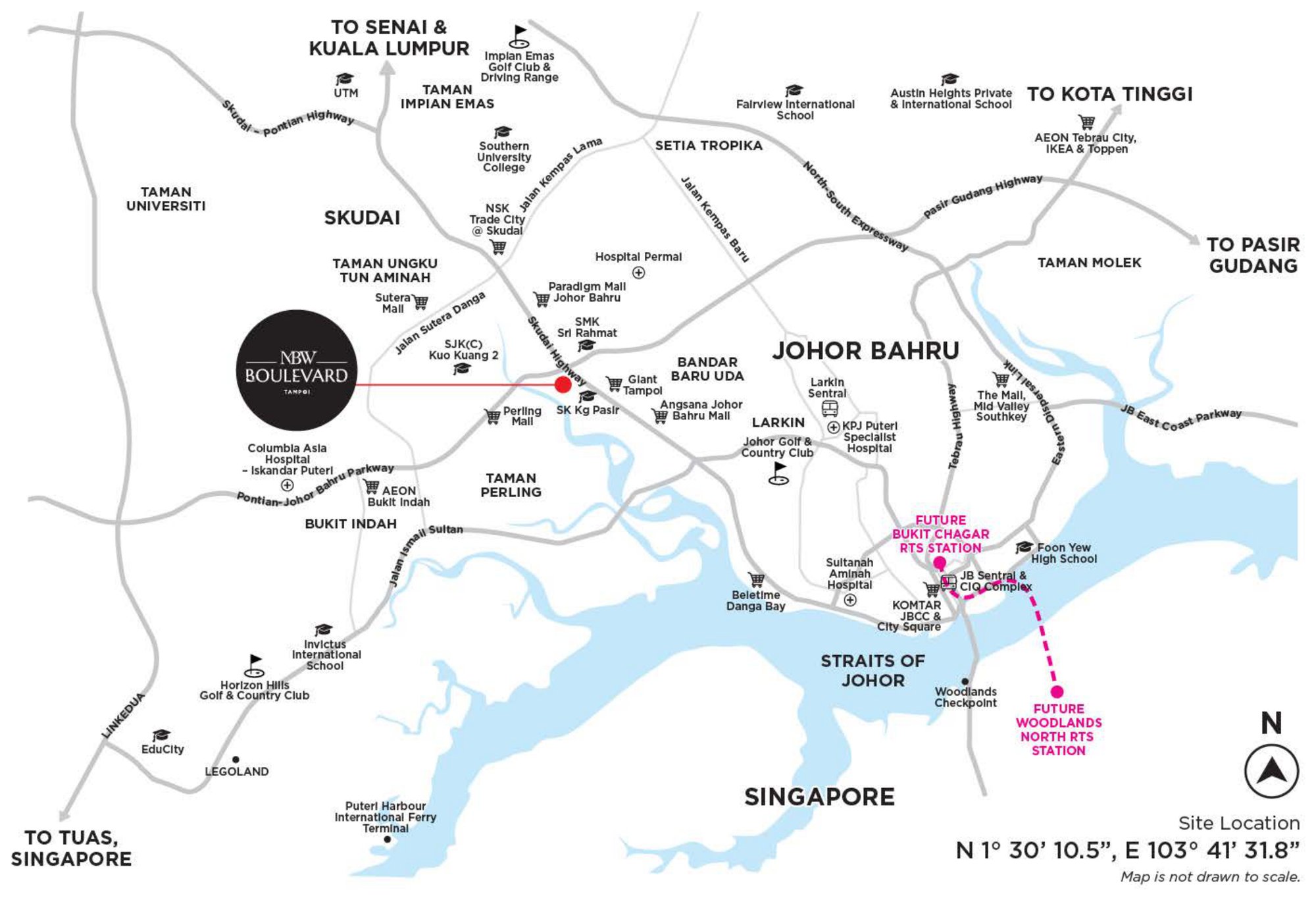 MBW Boulevard location map showing Tampoi relative to Skudai, Johor Bahru city, Bukit Chagar RTS station and Singapore