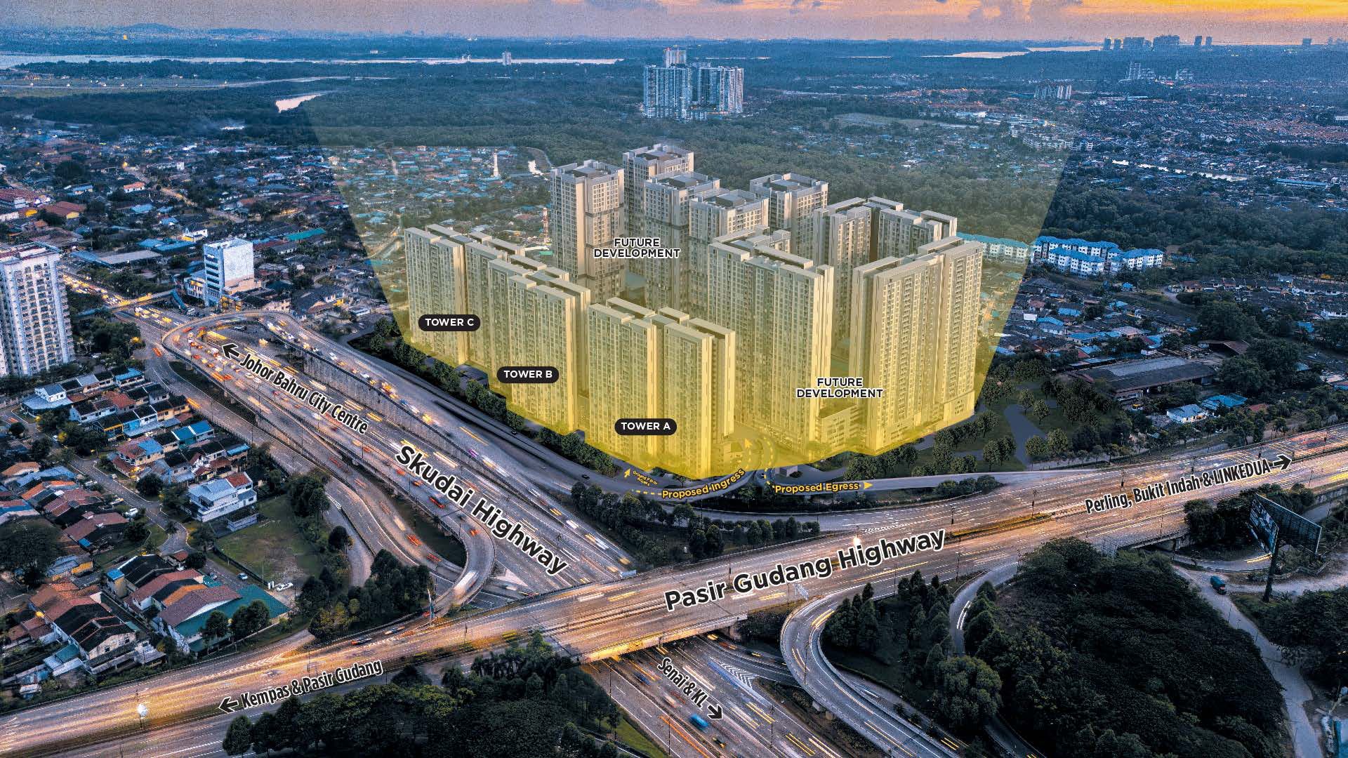 MBW Boulevard master plan aerial showing Towers A, B and C beside Skudai Highway and Pasir Gudang Highway, with future development land