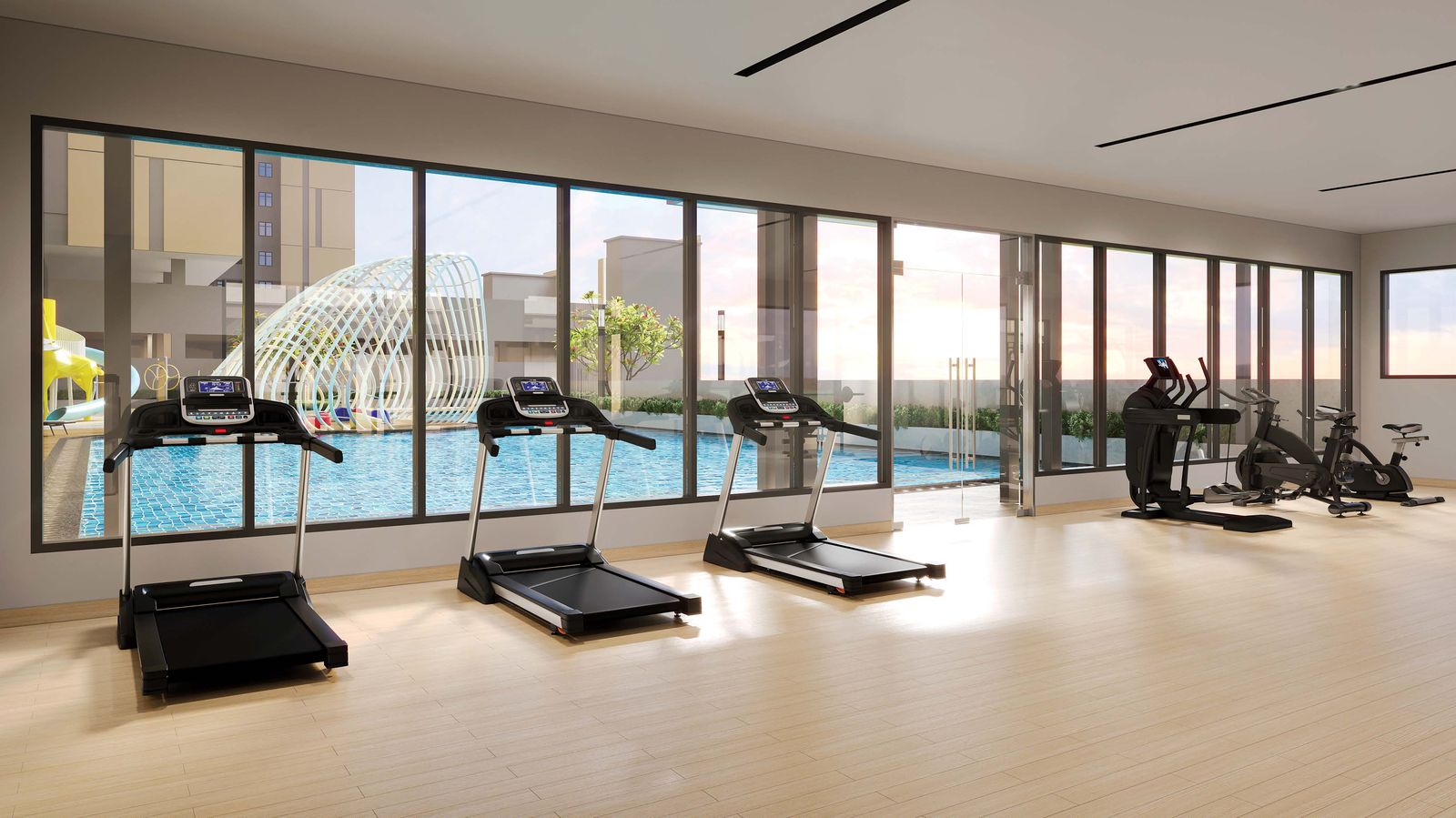 Gymnasium interior with treadmills facing the pool