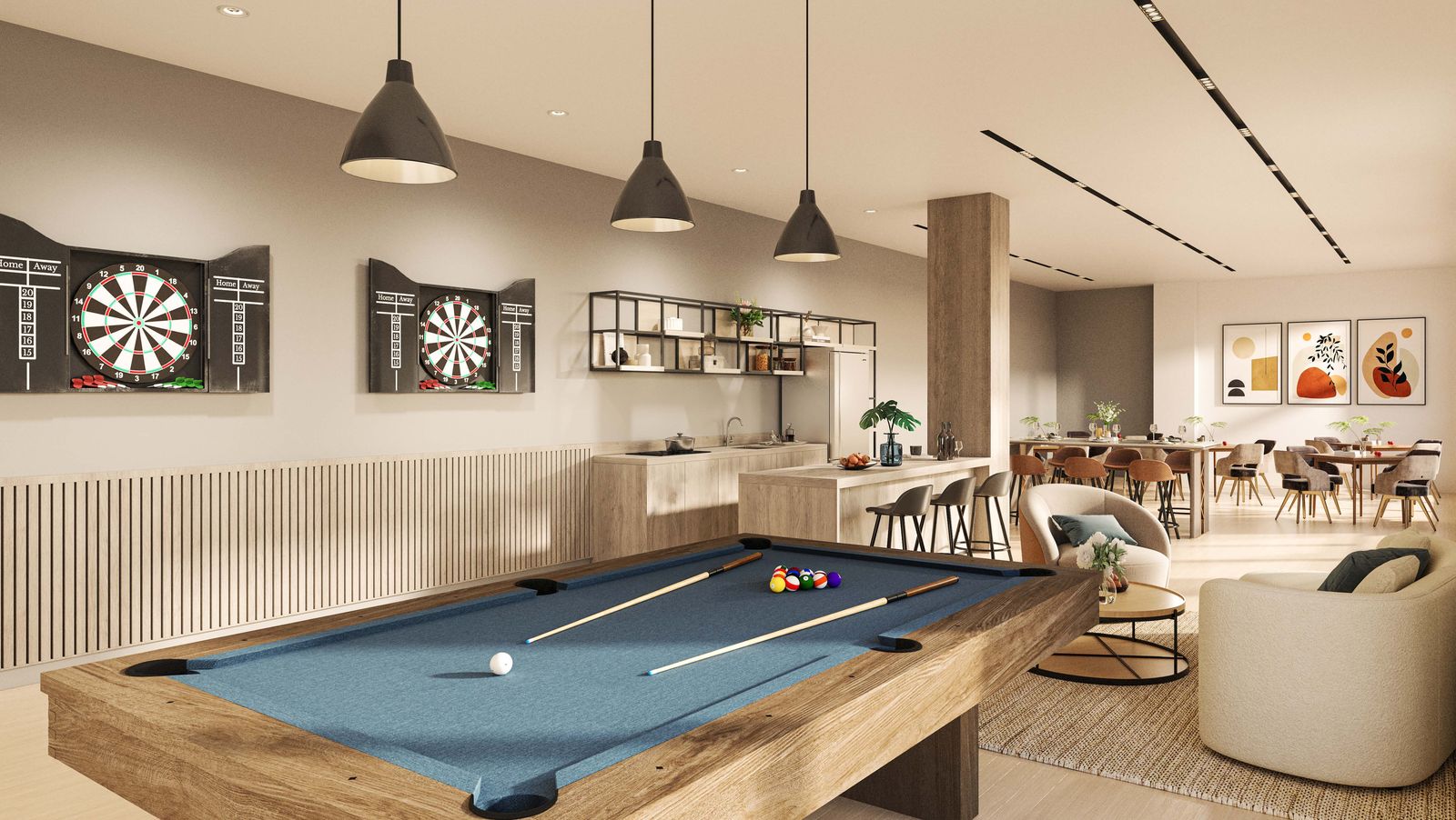 Social lounge with pool table, darts and pantry