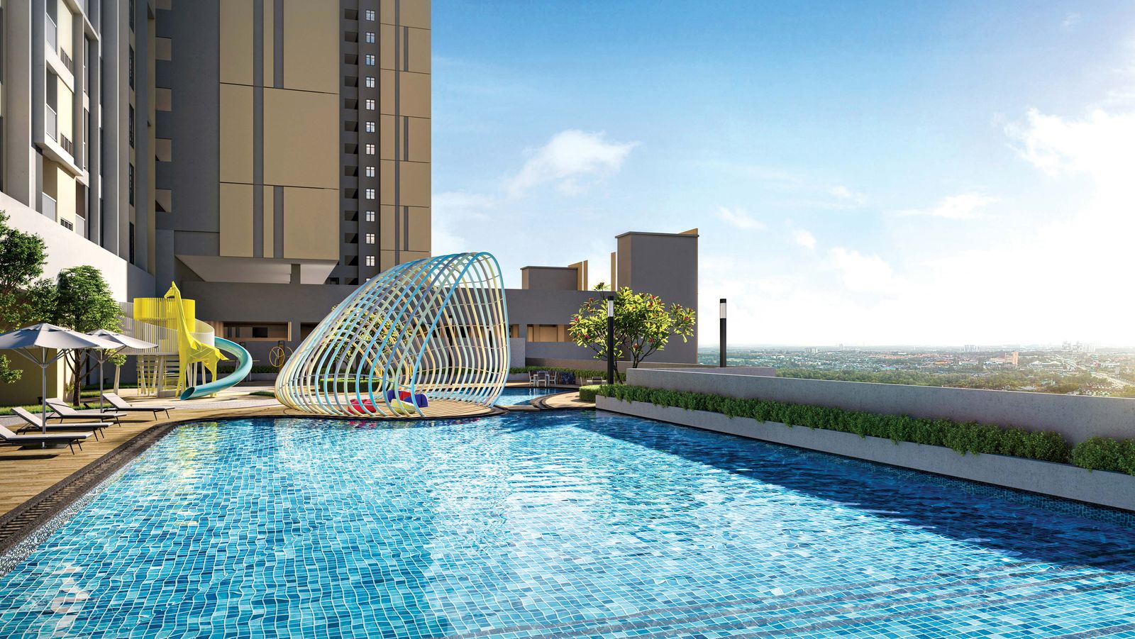 MBW Boulevard 1 swimming pool with playground sculpture
